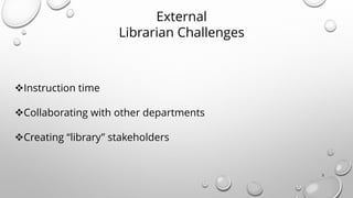 3
Instruction time
Collaborating with other departments
Creating “library” stakeholders
External
Librarian Challenges
 