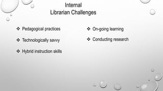 Pedagogical practices
 Technologically savvy
 Hybrid instruction skills
4
Internal
Librarian Challenges
 On-going learning
 Conducting research
 
