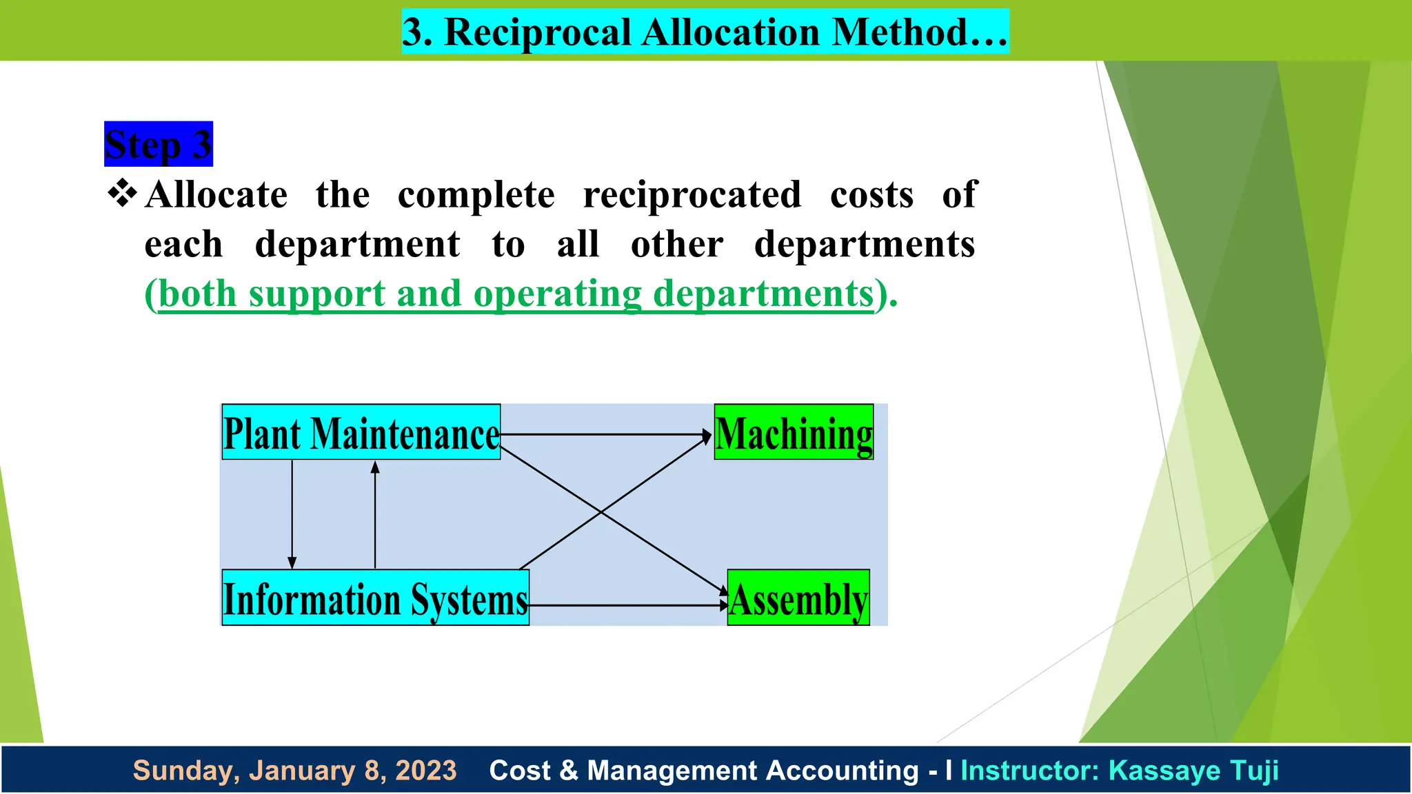 Sunday, January 8, 2023 Cost & Management Accounting - I Instructor: Kassaye Tuji
3. Reciprocal Allocation Method…
Step 3
Allocate the complete reciprocated costs of
each department to all other departments
(both support and operating departments).
Plant Maintenance Machining
Information Systems Assembly
 