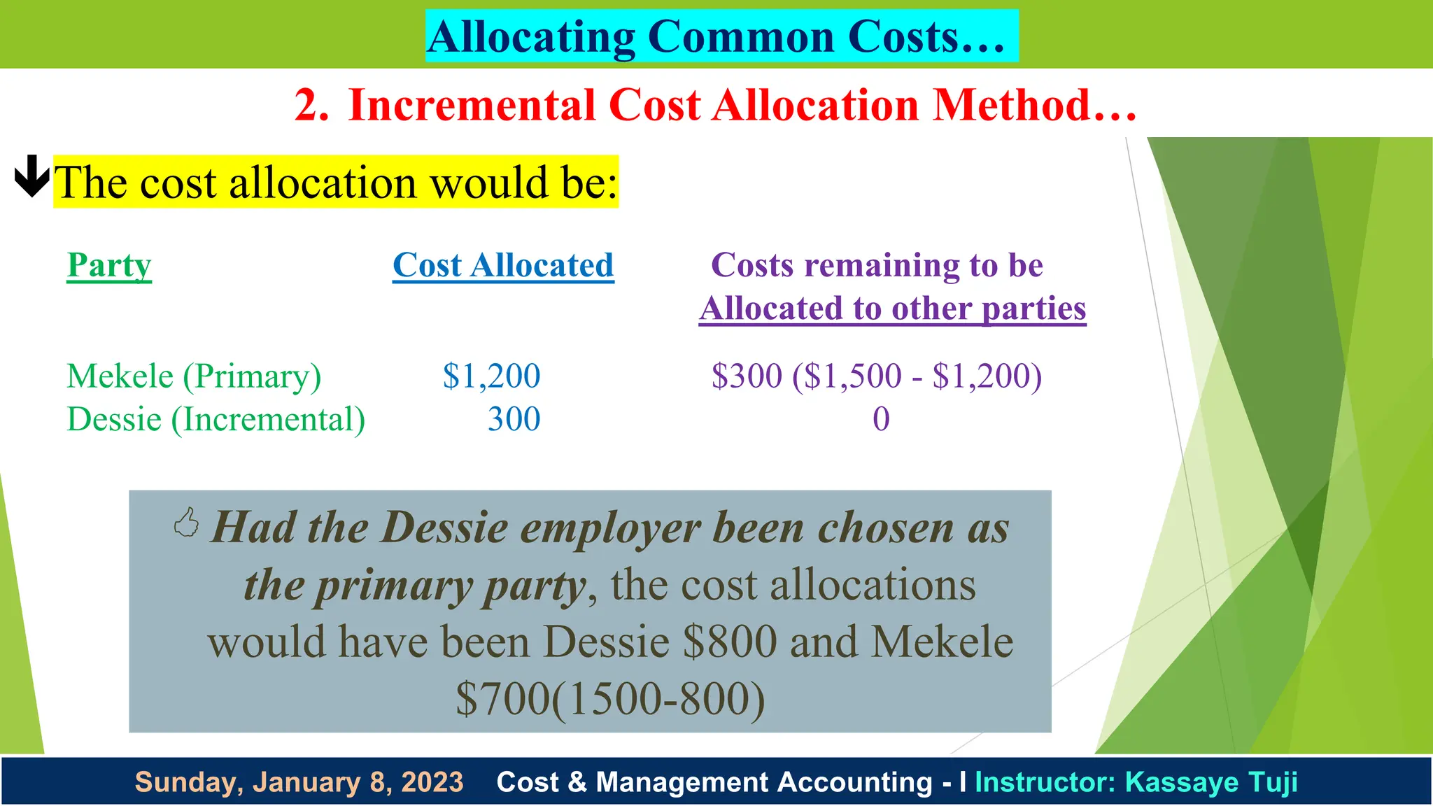 Sunday, January 8, 2023 Cost & Management Accounting - I Instructor: Kassaye Tuji
Allocating Common Costs…
The cost allocation would be:
Party Cost Allocated Costs remaining to be
Allocated to other parties
Mekele (Primary) $1,200 $300 ($1,500 - $1,200)
Dessie (Incremental) 300 0
 Had the Dessie employer been chosen as
the primary party, the cost allocations
would have been Dessie $800 and Mekele
$700(1500-800)
2. Incremental Cost Allocation Method…
 
