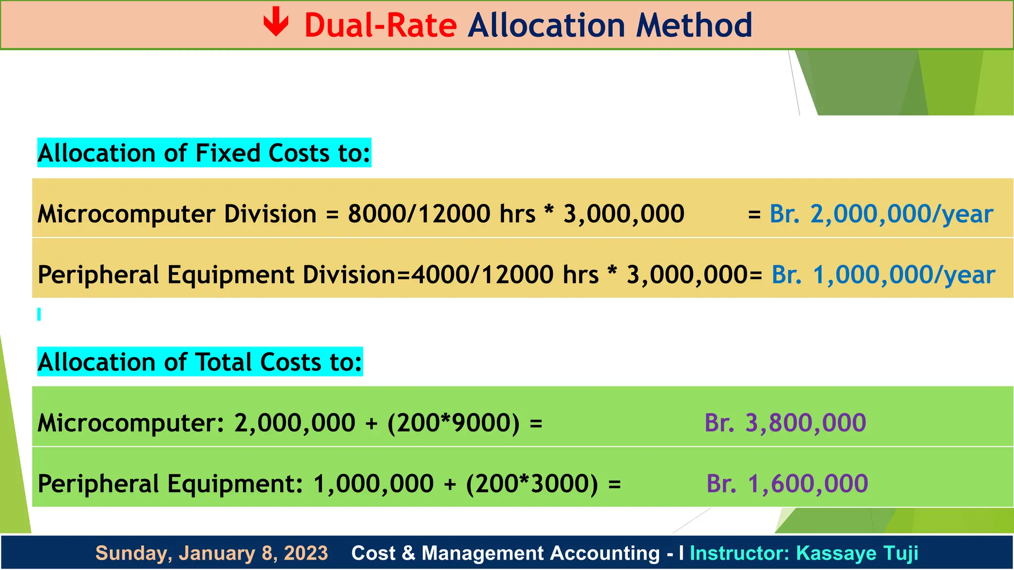  Dual-Rate Allocation Method
Sunday, January 8, 2023 Cost & Management Accounting - I Instructor: Kassaye Tuji
Allocation of Fixed Costs to:
Microcomputer Division = 8000/12000 hrs * 3,000,000 = Br. 2,000,000/year
Peripheral Equipment Division=4000/12000 hrs * 3,000,000= Br. 1,000,000/year
Allocation of Total Costs to:
Microcomputer: 2,000,000 + (200*9000) = Br. 3,800,000
Peripheral Equipment: 1,000,000 + (200*3000) = Br. 1,600,000
 
