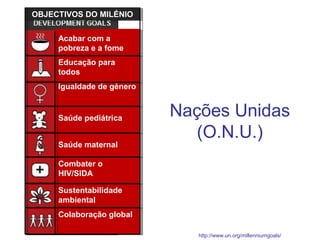Colaboração global
Acabar com a
pobreza e a fome
Educação para
todos
Igualdade de género
Saúde pediátrica
Saúde maternal
Combater o
HIV/SIDA
Sustentabilidade
ambiental
OBJECTIVOS DO MILÉNIO
OBJECTIVOS DO MILÉNIO
Nações Unidas
(O.N.U.)
http://www.un.org/millenniumgoals/
 