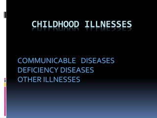 CHILDHOOD ILLNESSES
COMMUNICABLE DISEASES
DEFICIENCY DISEASES
OTHER ILLNESSES
 