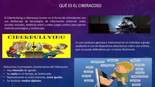 QUÉ ES EL CIBERACOSO
El Ciberbullying o ciberacoso escolar es la forma de intimidación con
uso deliberado de tecnologías de información (Internet, redes
sociales virtuales, telefonía móvil y video juegos online) para ejercer
maltrato psicológico y continuado.
Es una conducta agresiva e intencional de un individuo o grupo
mediante el uso de dispositivos electrónicos sobre una víctima
que no puede defenderse por sí misma fácilmente.
Deducimos 4 principales características del Ciberacoso:
• Hay intención de agredir.
• Se repite en el tiempo, es continuado.
• Generalmente es entre menores, entre iguales.
• Se emplean medios digitales.
 