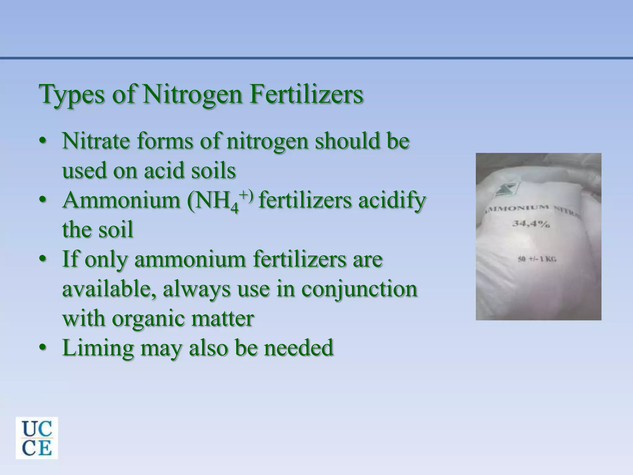 Types of Nitrogen Fertilizers
• Nitrate forms of nitrogen should be
used on acid soils
• Ammonium (NH4
+) fertilizers acidify
the soil
• If only ammonium fertilizers are
available, always use in conjunction
with organic matter
• Liming may also be needed
 