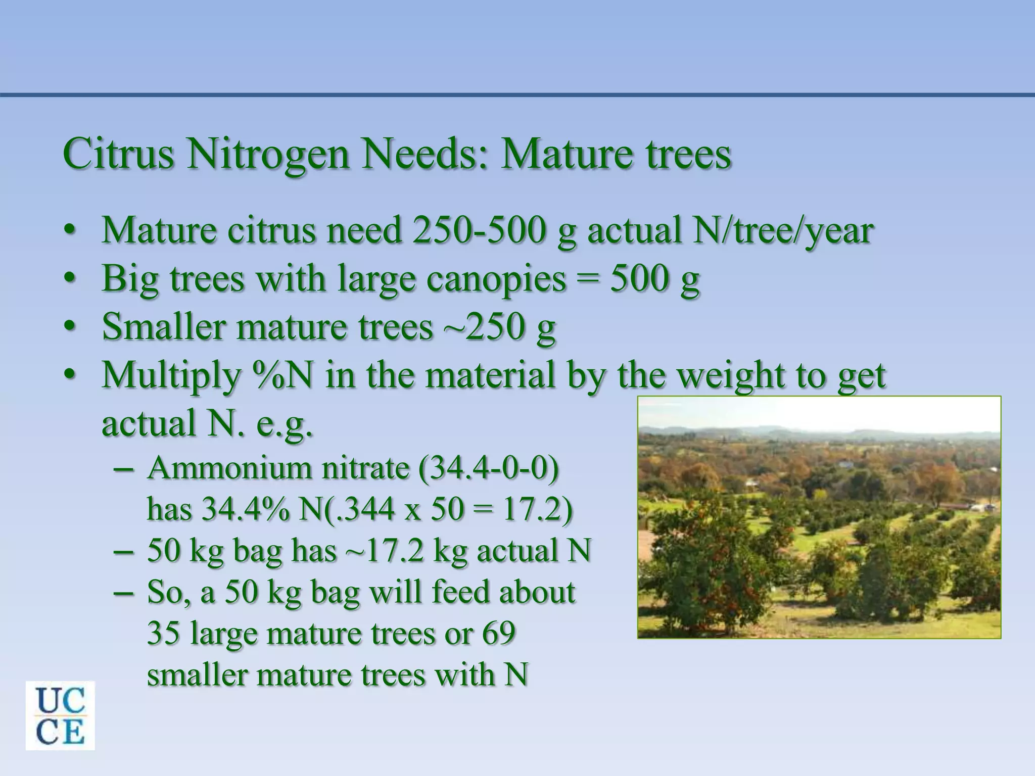 Citrus Nitrogen Needs: Mature trees
• Mature citrus need 250-500 g actual N/tree/year
• Big trees with large canopies = 500 g
• Smaller mature trees ~250 g
• Multiply %N in the material by the weight to get
actual N. e.g.
– Ammonium nitrate (34.4-0-0)
has 34.4% N(.344 x 50 = 17.2)
– 50 kg bag has ~17.2 kg actual N
– So, a 50 kg bag will feed about
35 large mature trees or 69
smaller mature trees with N
 