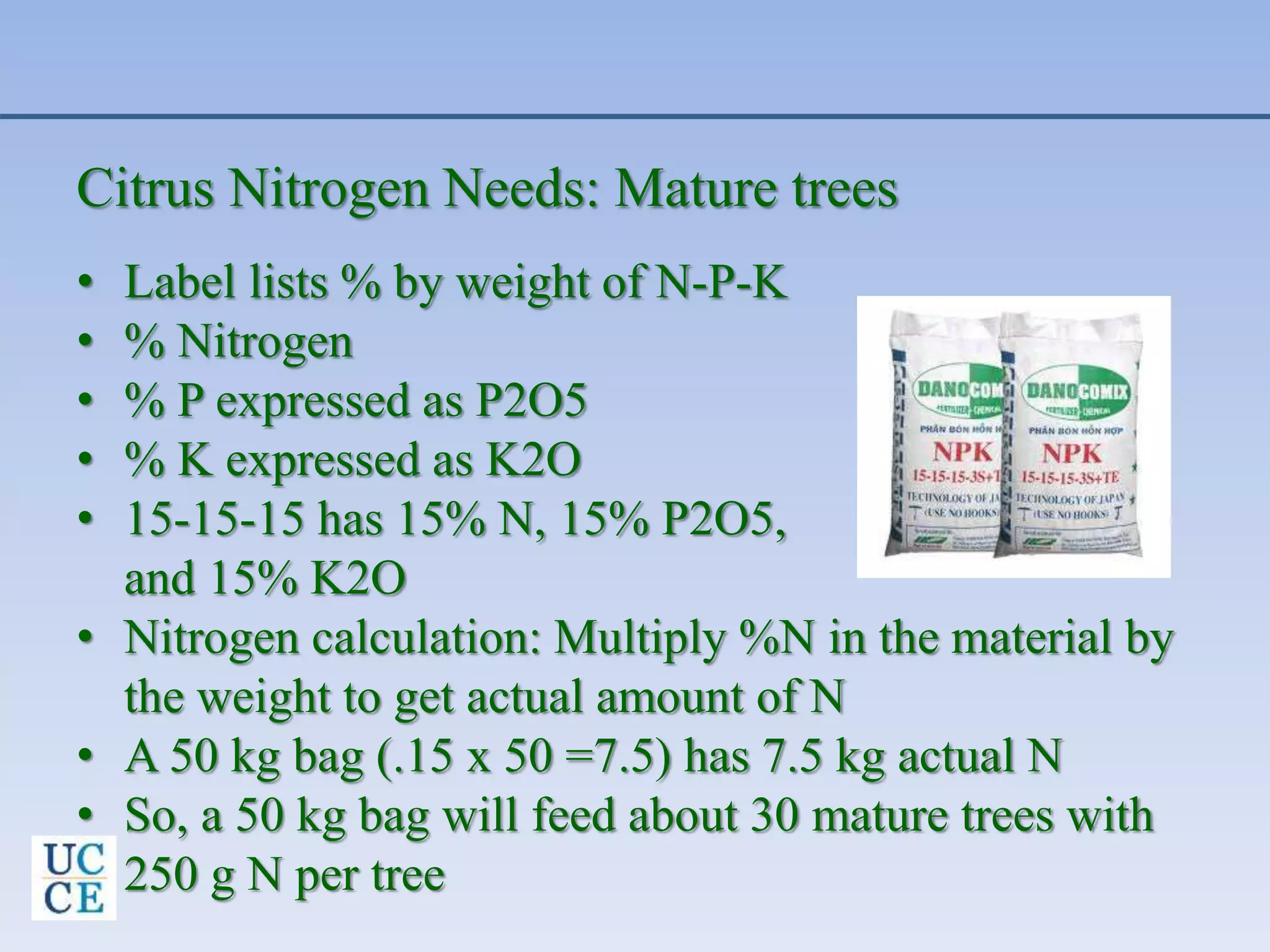 Citrus Nitrogen Needs: Mature trees
• Label lists % by weight of N-P-K
• % Nitrogen
• % P expressed as P2O5
• % K expressed as K2O
• 15-15-15 has 15% N, 15% P2O5,
and 15% K2O
• Nitrogen calculation: Multiply %N in the material by
the weight to get actual amount of N
• A 50 kg bag (.15 x 50 =7.5) has 7.5 kg actual N
• So, a 50 kg bag will feed about 30 mature trees with
250 g N per tree
 