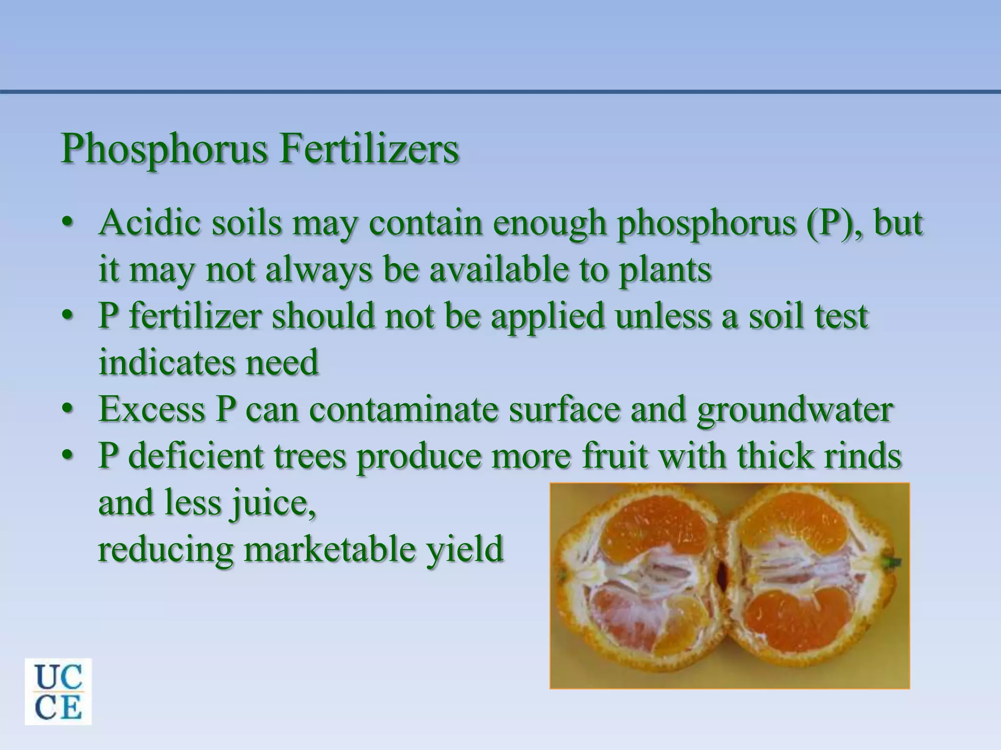 Phosphorus Fertilizers
• Acidic soils may contain enough phosphorus (P), but
it may not always be available to plants
• P fertilizer should not be applied unless a soil test
indicates need
• Excess P can contaminate surface and groundwater
• P deficient trees produce more fruit with thick rinds
and less juice,
reducing marketable yield
 