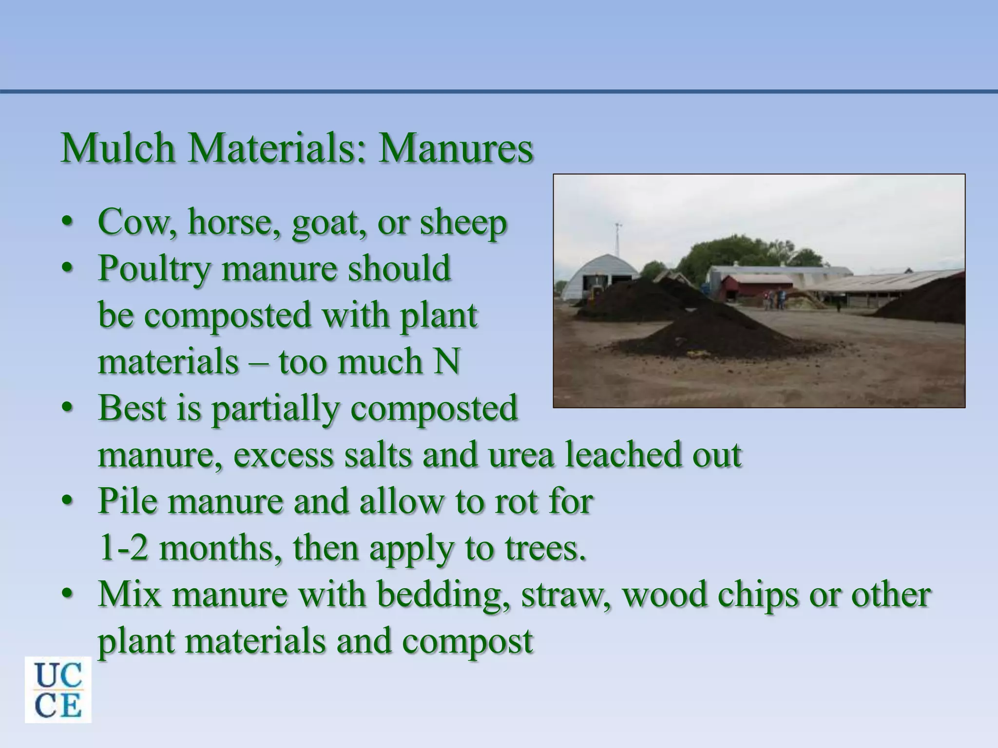 Mulch Materials: Manures
• Cow, horse, goat, or sheep
• Poultry manure should
be composted with plant
materials – too much N
• Best is partially composted
manure, excess salts and urea leached out
• Pile manure and allow to rot for
1-2 months, then apply to trees.
• Mix manure with bedding, straw, wood chips or other
plant materials and compost
 