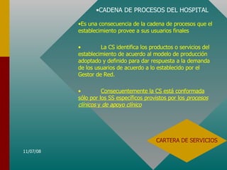CARTERA DE SERVICIOS CADENA DE PROCESOS DEL HOSPITAL Es una consecuencia de la cadena de procesos que el establecimiento provee a sus usuarios finales La CS identifica los productos o servicios del establecimiento de acuerdo al modelo de producción adoptado y definido para dar respuesta a la demanda de los usuarios de acuerdo a lo establecido por el Gestor de Red. Consecuentemente la CS está conformada sólo por los SS específicos provistos por los  procesos clínicos  y  de apoyo clínico 