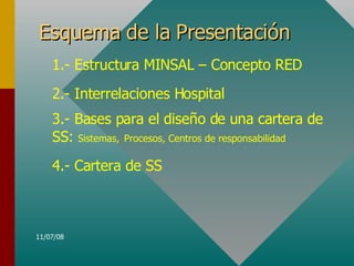 Esquema de la Presentación 1.- Estructura MINSAL – Concepto RED 2.- Interrelaciones Hospital 3.- Bases para el diseño de una cartera de SS:  Sistemas,   Procesos, Centros de responsabilidad 4.- Cartera de SS  