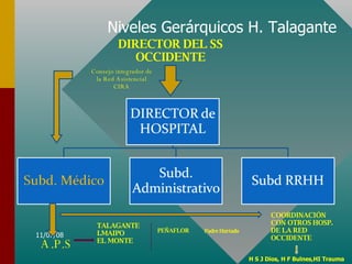 Niveles Gerárquicos H. Talagante DIRECTOR DEL SS OCCIDENTE Consejo integrador de la Red Asistencial CIRA A.P.S TALAGANTE I.MAIPO EL MONTE PEÑAFLOR Padre Hurtado COORDINACIÓN CON OTROS HOSP. DE LA RED OCCIDENTE H S J Dios, H F Bulnes,HI Trauma 