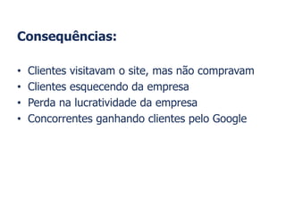 Consequências:
• Clientes visitavam o site, mas não compravam
• Clientes esquecendo da empresa
• Perda na lucratividade da empresa
• Concorrentes ganhando clientes pelo Google
 