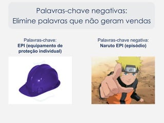 Palavras-chave negativas:
Elimine palavras que não geram vendas
Palavras-chave:
EPI (equipamento de
proteção individual)
Palavras-chave negativa:
Naruto EPI (episódio)
 