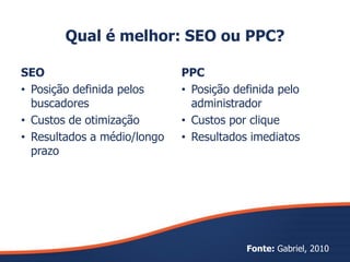 Qual é melhor: SEO ou PPC?
SEO
• Posição definida pelos
buscadores
• Custos de otimização
• Resultados a médio/longo
prazo
PPC
• Posição definida pelo
administrador
• Custos por clique
• Resultados imediatos
Fonte: Gabriel, 2010
 