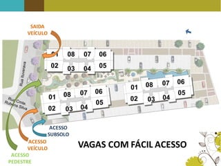 SAIDA
VEÍCULO
ACESSO
VEÍCULO
ACESSO
PEDESTRE
ACESSO
SUBSOLO
VAGAS COM FÁCIL ACESSO
 