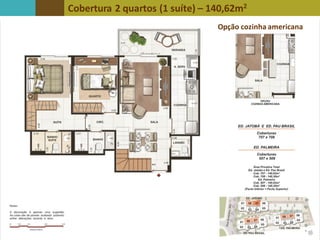 Cobertura 2 quartos (1 suíte) – 140,62m2
Opção cozinha americana
 