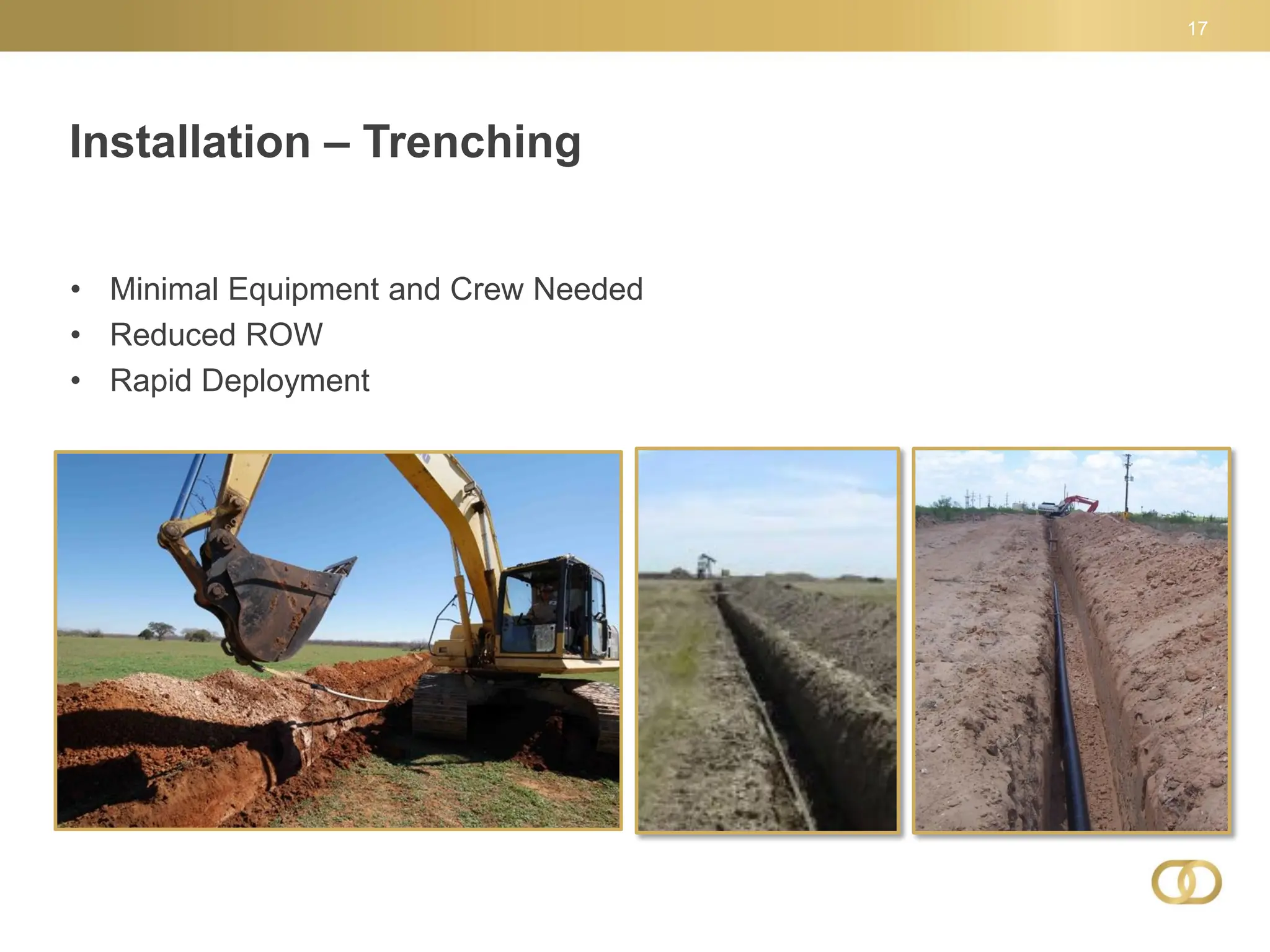 Installation – Trenching
17
• Minimal Equipment and Crew Needed
• Reduced ROW
• Rapid Deployment
 