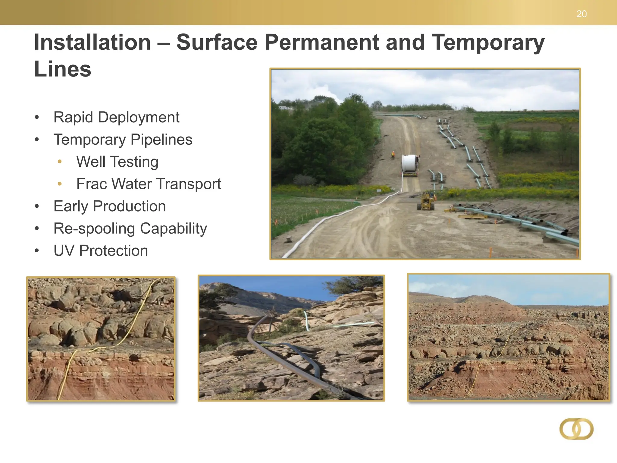 Installation – Surface Permanent and Temporary
Lines
20
• Rapid Deployment
• Temporary Pipelines
• Well Testing
• Frac Water Transport
• Early Production
• Re-spooling Capability
• UV Protection
 