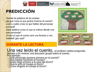 PREDICCIÓN
Usando las palabras de las tarjetas
¿de qué crees tú que podría tratarse el cuento?
¿cuál o cuáles crees tú que hablan del personaje
principal?
¿Qué palabras crees tú que te indican dónde vive
este personaje?
¿Crees tú que el cuento será una fantasía o una
realidad? ¿por qué?
Una vez leído el cuento, el profesor realiza preguntas
literales a fin motivar una discusión grupal sobre el cuento.
Por ejemplo:
- ¿Qué personaje aparece primero en el cuento?
- ¿Qué estaba haciendo el Conejo?
- ¿Quién llegó primero a la casa del Zorro?
- ¿Qué le gritó el Conejo al Zorro?
- ¿Como engañó el Conejo al Zorro?
DURANTE LA LECTURA
 