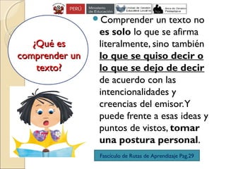 ¿Qué es¿Qué es
comprender uncomprender un
texto?texto?
Comprender un texto no
es solo lo que se afirma
literalmente, sino también
lo que se quiso decir o
lo que se dejo de decir
de acuerdo con las
intencionalidades y
creencias del emisor.Y
puede frente a esas ideas y
puntos de vistos, tomar
una postura personal.
Fascículo de Rutas de Aprendizaje Pag.29
 