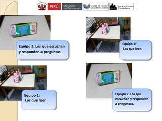 Equipo 1:
Los que leen
Equipo 1:
Los que leen
Equipo 2: Los que escuchan
y responden a preguntas.
Equipo 2: Los que escuchan
y responden a preguntas.
Equipo 1:
Los que leen
Equipo 1:
Los que leen
Equipo 2: Los que
escuchan y responden
a preguntas.
Equipo 2: Los que
escuchan y responden
a preguntas.
 