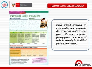 Cada unidad presenta en
esta sección una propuesta
de proyectos matemáticos
para diferentes espacios
pedagógicos como lo es el
aula, la escuela, la localidad
y el entorno virtual.
¿CÓMO ESTÁN ORGANIZADOS?
 