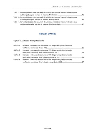Estudio de Uso de Materiales Educativos 2013
Tabla 15. Porcentaje de docentes por grado de utilidad percibido del material educativo para
su labor pedagógica. por tipo de material. Nivel inicial. ......................................................... 46
Tabla 16. Porcentaje de docentes por grado de utilidad percibido del material educativo para
su labor pedagógica. por tipo de material. Nivel primaria...................................................... 46
Tabla 17. Porcentaje de docentes por grado de utilidad percibido del material educativo para
su labor pedagógica. por tipo de material. Nivel secundaria. ................................................. 47
INDICE DE GRAFICOS
Capítulo 5. Análisis del desempeño docente
Gráfico 1 Promedio e intervalos de confianza al 95% del porcentaje de criterios de
verificación cumplidos. Total. 2013.................................................................................. 21
Gráfico 2 Promedio e intervalos de confianza al 95% del porcentaje de criterios de
verificación cumplidos. Nivel educativo inicial. 2013....................................................... 23
Gráfico 3. Promedio e intervalos de confianza al 95% del porcentaje de criterios de
verificación cumplidos. Nivel educativo primaria. 2013................................................... 25
Gráfico 4. Promedio e intervalos de confianza al 95% del porcentaje de criterios de
verificación cumplidos. Nivel educativo secundaria. 2013............................................... 27
Página 5 de 50
 