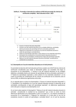 Estudio de Uso de Materiales Educativos 2013
Gráfico 6. Promedio e intervalos de confianza al 95% del porcentaje de criterios de
verificación cumplidos. Nivel educativo inicial. 2013
1 Conoce el material educativo disponible
2 Incluye el uso del material educativo en las unidades didácticas, actividades
diarias y/o sesiones de aprendizaje de forma articulada y pertinente
3 Organiza los materiales en el aula para el uso de los estudiantes durante la
sesión de aprendizaje o actividad diaria.
4 Explica los aprendizajes esperados y cómo utilizar el o los materiales educativos.
5 Acompaña a los estudiantes en el uso del material educativo durante el
desarrollo de las actividades contribuyendo al logro del aprendizaje esperado.
6 Adecua el uso del material educativo durante la actividad considerando la
realidad de los estudiantes.
b.2. Desempeño en el uso de materiales educativos en el nivel primaria.
En promedio los docentes del nivel educativo primaria cumplen con el 68.7% de los criterios de
verificación considerados para medir el desempeño global. Los resultados más bajos se
encuentran en los desempeños 2 “Incluye el uso del material educativo en las unidades
didácticas, actividades diarias y/o sesiones de aprendizaje de forma articulada y pertinente” y
4 “Explica los aprendizajes esperados y cómo utilizar el o los materiales educativos”, en los
cuales el promedio de cumplimiento de los criterios de verificación de los docentes está en
torno al 59%, sin diferencias significativas entre ellos.
En un segundo plano se ubican los desempeños 1 “Conoce el material educativo disponible” y
5 “Acompaña a los estudiantes en el uso del material educativo durante el desarrollo de las
actividades contribuyendo al logro del aprendizaje esperado”, sin diferencias significativas
entre ellos pero si mayores a los desempeños 2 y 4.
En un tercer plano aparece el desempeño 6 “Adecua el uso del material educativo durante la
actividad considerando la realidad de los estudiantes” que si bien es cierto no tiene
diferencias significativas con el desempeño 5, pero si es mayor al 1. Los mejores resultados se
encuentran en el desempeño 3 “Organiza los materiales en el aula para el uso de los
estudiantes durante la sesión de aprendizaje o actividad diaria”, en el cual los docentes
0
20
40
60
80
100
1 2 3 4 5 6 Total
%
Desempeño
Promedio
lim. Inf
Lim. Sup.
Página 23 de 50
 