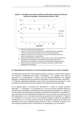 Estudio de Uso de Materiales Educativos 2013
Gráfico 7. Promedio e intervalos de confianza al 95% del porcentaje de criterios de
verificación cumplidos. Nivel educativo primaria. 2013
1 Conoce el material educativo disponible
2 Incluye el uso del material educativo en las unidades didácticas, actividades
diarias y/o sesiones de aprendizaje de forma articulada y pertinente
3 Organiza los materiales en el aula para el uso de los estudiantes durante la
sesión de aprendizaje o actividad diaria.
4 Explica los aprendizajes esperados y cómo utilizar el o los materiales educativos.
5 Acompaña a los estudiantes en el uso del material educativo durante el
desarrollo de las actividades contribuyendo al logro del aprendizaje esperado.
6 Adecua el uso del material educativo durante la actividad considerando la
realidad de los estudiantes.
b.3. Desempeño de los docentes en el uso de materiales educativos en el nivel secundaria
En promedio los docentes del nivel educativo secundaria cumplen con el 62.1% de los criterios
de verificación considerados para medir el desempeño. Los resultados más bajos se
encuentran en los desempeños 2 “Incluye el uso del material educativo en las unidades
didácticas, actividades diarias y/o sesiones de aprendizaje, de forma articulada y pertinente”.,
y 4 “Explica los aprendizajes esperados y cómo utilizar el o los materiales educativos” y cuyos
promedios de criterios de verificación cumplidos no son significativamente diferentes.
En un segundo plano se encuentran los desempeños 1 “Conoce el material educativo
disponible”, 5 “Acompaña a los estudiantes en el uso del material educativo durante el
desarrollo de las actividades contribuyendo al logro del aprendizaje esperado” y 6 “Adecua el
uso del material educativo durante la actividad considerando la realidad de los estudiantes.”,
cuyos promedios no son significativamente diferentes entre ellos, pero si son superiores a los
de los desempeños 2 y 4. Los mejores resultados se encuentran en el desempeño 3 “Organiza
los materiales en el aula para el uso de los estudiantes durante la sesión de aprendizaje o
actividad diaria”, en el cual los docentes alcanzan un promedio de 94.3% de los criterios de
verificación, valor que es significativamente superior al resto. En síntesis, las brechas en el
nivel educativo secundaria están concentradas en los desempeños 2 y 4 (Ver tabla 4).
0
20
40
60
80
100
1 2 3 4 5 6 Total
%
Desempeño
Promedio
lim. Inf
Lim. Sup.
Página 25 de 50
 