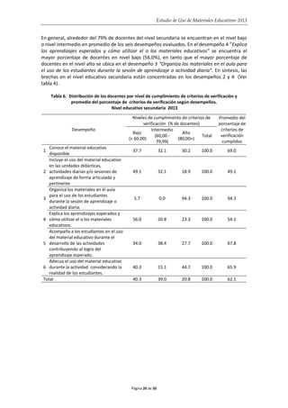 Estudio de Uso de Materiales Educativos 2013
En general, alrededor del 79% de docentes del nivel secundaria se encuentran en el nivel bajo
o nivel intermedio en promedio de los seis desempeños evaluados. En el desempeño 4 ”Explica
los aprendizajes esperados y cómo utilizar el o los materiales educativos” se encuentra el
mayor porcentaje de docentes en nivel bajo (56.0%), en tanto que el mayor porcentaje de
docentes en el nivel alto se ubica en el desempeño 3 “Organiza los materiales en el aula para
el uso de los estudiantes durante la sesión de aprendizaje o actividad diaria”. En síntesis, las
brechas en el nivel educativo secundaria están concentradas en los desempeños 2 y 4 (Ver
tabla 4).
Tabla 6. Distribución de los docentes por nivel de cumplimiento de criterios de verificación y
promedio del porcentaje de criterios de verificación según desempeños.
Nivel educativo secundaria 2013
Desempeño
Niveles de cumplimiento de criterios de
verificación (% de docentes)
Promedio del
porcentaje de
criterios de
verificación
cumplidos
Bajo
(< 60,00)
Intermedio
(60,00 -
79,99)
Alto
(80,00+)
Total
1
Conoce el material educativo
disponible
37.7 32.1 30.2 100.0 69.0
2
Incluye el uso del material educativo
en las unidades didácticas,
actividades diarias y/o sesiones de
aprendizaje de forma articulada y
pertinente
49.1 32.1 18.9 100.0 49.1
3
Organiza los materiales en el aula
para el uso de los estudiantes
durante la sesión de aprendizaje o
actividad diaria.
5.7 0.0 94.3 100.0 94.3
4
Explica los aprendizajes esperados y
cómo utilizar el o los materiales
educativos.
56.0 20.8 23.3 100.0 54.1
5
Acompaña a los estudiantes en el uso
del material educativo durante el
desarrollo de las actividades
contribuyendo al logro del
aprendizaje esperado.
34.0 38.4 27.7 100.0 67.8
6
Adecua el uso del material educativo
durante la actividad considerando la
realidad de los estudiantes.
40.3 15.1 44.7 100.0 65.9
Total 40.3 39.0 20.8 100.0 62.1
Página 26 de 50
 