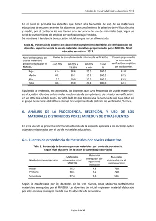 Estudio de Uso de Materiales Educativos 2013
En el nivel de primaria los docentes que tienen alta frecuencia de uso de los materiales
educativos se encuentran entre los docentes con cumplimiento de criterios de verificación alto
y medio, por el contrario los que tienen una frecuencia de uso de materiales baja, logra un
nivel de cumplimiento de criterios de verificación bajo y medio.
Se mantiene la tendencia de educación inicial aunque no tan diferenciada.
Tabla 22. Porcentaje de docentes en cada nivel de cumplimiento de criterios de verificación por los
docentes, según frecuencia de uso de materiales educativos proporcionados por el MINEDU. Nivel
educativo secundaria. 2013.
Nivel de frecuencia de
uso de materiales
proporcionados por el
MINEDU
Niveles de cumplimiento de criterios de verificación Porcentaje promedio
de criterios de
verificación cumplidos
por los docentes
< 60.00% 60.00% a
79.99%
80.00%
a más
Total
%
Bajo 41.4 38.6 20.0 100.0 61.0
Medio 40.2 39.1 20.7 100.0 62.5
Alto 0.0 50.0 50.0 100.0 83.5
Total 40.3 39.0 20.8 100.0 62.1
Siguiendo la tendencia, en secundaria, los docentes que cuya frecuencia de uso de materiales
es alta, están ubicados en los niveles medio y alto de cumplimiento de criterios de verificación.
en un 50% para ambos casos. Por otro lado los que tienen una frecuencia de uso baja están en
el grupo de menores del 60% en el nivel de cumplimiento de criterios de verificación /ítemes.
6. ANÁLISIS DE LA PROCEDENCIA, RECEPCIÓN, Y USO DE LOS
MATERIALES DISTRIBUIDOS POR EL MINEDU Y DE OTRAS FUENTES
En esta sección se presenta información obtenida de la encuesta aplicada a los docentes sobre
aspectos relacionados con el uso de materiales educativos.
6.1. Fuentes de procedencia de materiales por niveles educativos
Tabla 1. Porcentaje de docentes que usan materiales por fuente de procedencia.
Según nivel educativo (en la sesión de aprendizaje observada)
Nivel educativo observado
Materiales
entregados por el
MINEDU
Materiales
entregados por
alguna otra
institución
Materiales
elaborados por el
mismo docente
Inicial 76.2 4.8 73.0
Primaria 88.1 4.2 72.0
Secundaria 87.4 0.6 56.6
Según lo manifestado por los docentes de los tres niveles, estos utilizaron centralmente
materiales entregados por el MINEDU. Las docentes de inicial emplearon material elaborado
por ellos mismos en mayor medida que los docentes de secundaria.
Página 40 de 50
 