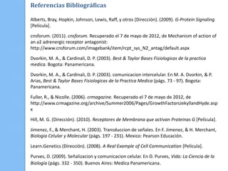 Referencias Bibliográficas

Alberts, Bray, Hopkin, Johnson, Lewis, Raff, y otros (Dirección). (2009). G-Protein Signaling
[Película].

cnsforum. (2011). cnsforum. Recuperado el 7 de mayo de 2012, de Mechanism of action of
an a2 adrenergic receptor antagonist:
http://www.cnsforum.com/imagebank/item/rcpt_sys_N2_antag/default.aspx

Dvorkin, M. A., & Cardinali, D. P. (2003). Best & Taylor Bases Fisiologicas de la practica
medica. Bogota: Panamericana.

Dvorkin, M. A., & Cardinali, D. P. (2003). comunicacion intercelular. En M. A. Dvorkin, & P.
Arias, Best & Taylor Bases Fisiologicas de la Practica Medica (págs. 73 - 97). Bogota:
Panamericana.

Fuller, R., & Nicolle. (2006). crmagazine. Recuperado el 7 de mayo de 2012, de
http://www.crmagazine.org/archive/Summer2006/Pages/GrowthFactorsJekyllandHyde.asp
x

Hill, M. G. (Dirección). (2010). Receptores de Membrana que activan Proteinas G [Película].

Jimenez, F., & Merchant, H. (2003). Transduccion de señales. En F. Jimenez, & H. Merchant,
Biologia Celular y Molecular (págs. 197 - 231). Mexico: Pearson Educación.

Learn.Genetics (Dirección). (2008). A Real Example of Cell Communication [Película].

Purves, D. (2009). Señalizacion y comunicacion celular. En D. Purves, Vida: La Ciencia de la
Biología (págs. 332 - 350). Buenos Aires: Medica Panamericana.
 