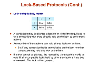 Lock-Based Protocols (Cont.)
 Lock-compatibility matrix
 A transaction may be granted a lock on an item if the requested lo
ck is compatible with locks already held on the item by other trans
actions
 Any number of transactions can hold shared locks on an item,
 But if any transaction holds an exclusive on the item no other
transaction may hold any lock on the item.
 If a lock cannot be granted, the requesting transaction is made to
wait till all incompatible locks held by other transactions have bee
n released. The lock is then granted.
 