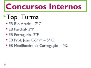Concursos Internos
Top Turma
 EB Rio Arade – 7ºC
 EB Parchal- 3ºP
 EB Ferragudo- 2ºF
 EB Prof. João Cónim – 5º C
 EB Mexilhoeira da Carregação – M2
 