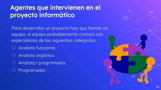 Agentes que intervienen en el
proyecto informático
Para desarrollar un proyecto hay que formar un
equipo, el equipo probablemente contara con
especialistas de las siguientes categorías:
⬡ Analista funcional.
⬡ Analista orgánico.
⬡ Analista / programador.
⬡ Programador.
11
 