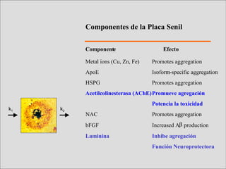 k 1 k 2 Componentes de la Placa Senil Component e  Efecto Metal ions (Cu, Zn, Fe) Promotes aggregation ApoE Isoform - specific aggregation HSPG Promotes aggregation Acetilcolinesterasa (AChE) Promueve agregación Potencia la toxicidad NAC Promotes ag gregation bFGF Increased A  production Laminina Inhibe agregación Función Neuroprotectora 