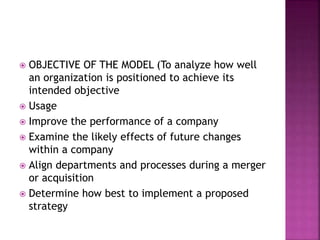  OBJECTIVE OF THE MODEL (To analyze how well
an organization is positioned to achieve its
intended objective
 Usage
 Improve the performance of a company
 Examine the likely effects of future changes
within a company
 Align departments and processes during a merger
or acquisition
 Determine how best to implement a proposed
strategy
 