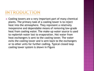  Cooling towers are a very important part of many chemical
plants. The primary task of a cooling tower is to reject
heat into the atmosphere. They represent a relatively
inexpensive and dependable means of removing low-grade
heat from cooling water. The make-up water source is used
to replenish water lost to evaporation. Hot water from
heat exchangers is sent to the cooling tower. The water
exits the cooling tower and is sent back to the exchangers
or to other units for further codling. Typical closed loop
cooling tower system is shown in Figure
 