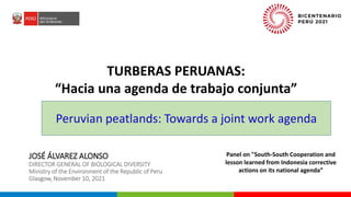 PERÚ LIMPIO
PERÚ NATURAL
JOSÉ ÁLVAREZ ALONSO
DIRECTOR GENERAL OF BIOLOGICAL DIVERSITY
Ministry of the Environment of the Republic of Peru
Glasgow, November 10, 2021
TURBERAS PERUANAS:
“Hacia una agenda de trabajo conjunta”
Panel on "South-South Cooperation and
lesson learned from Indonesia corrective
actions on its national agenda”
Peruvian peatlands: Towards a joint work agenda
 
