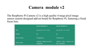 Camera module v2
The Raspberry Pi Camera v2 is a high quality 4 mega pixel image
sensor custom designed add-on board for Raspberry Pi, featuring a fixed
focus lens.
 