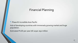 • Phase III: Incredible Asia-Pacific
Hub of developing countries with immensely growing market and huge
population.
Estimated Profit per year (till 2030): $50 million
Financial Planning
 