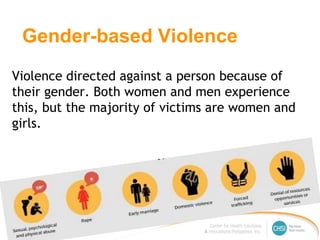 Violence directed against a person because of
their gender. Both women and men experience
this, but the majority of victims are women and
girls.
Gender-based Violence
 