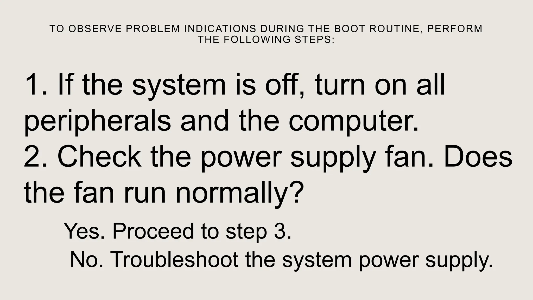 TO OBSERVE PROBLEM INDICATIONS DURING THE BOOT ROUTINE, PERFORM
THE FOLLOWING STEPS:
1. If the system is off, turn on all
peripherals and the computer.
2. Check the power supply fan. Does
the fan run normally?
Yes. Proceed to step 3.
No. Troubleshoot the system power supply.
 