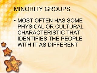 MINORITY GROUPS MOST OFTEN HAS SOME PHYSICAL OR CULTURAL CHARACTERISTIC THAT IDENTIFIES THE PEOPLE WITH IT AS DIFFERENT 