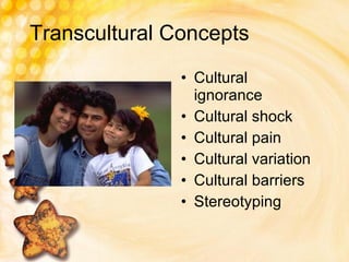 Transcultural Concepts Cultural ignorance  Cultural shock Cultural pain Cultural variation Cultural barriers Stereotyping 