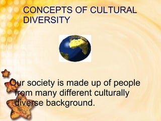 CONCEPTS OF CULTURAL DIVERSITY Our society is made up of people from many different culturally diverse background. 