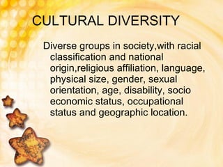 CULTURAL DIVERSITY Diverse groups in society,with racial classification and national origin,religious affiliation, language, physical size, gender, sexual orientation, age, disability, socio economic status, occupational status and geographic location. 