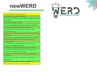 newWERD
A 1 - M a n a g e m e n t și i m p l e m e n t a r e
A 2 - C r e a r e și a c t u a l i z a r e w e b s i t e
A 3 - L o g o , p a g i n ă d e F a c e b o o k , c a n a l Y o u t u b e , p o r t a l
e T w i n n i n g
A 4 - I n f o r m a ț i i d e s p r e S T E M
A 5 - T u t o r i a l v i d e o d e s p r e u t i l i z a r e a T I C î n p r e d a r e
A 6 - S c e n a r i i d e l e c ț ii î n c ă r c a t e p e G o L a b
A 7 - M a t e r i a l e i n t e r a c t i v e s u b f o r m a u n u i t a b e l
p e r i o d i c s p e c t r a l
A 8 - V i z i t e d i n p a r t e a u n o r e x p e r ț i î n d o m e n i u l ș t ii n ț e i
ș i i n g i n e r i e i
A 9 - C a t a l o g ,, 1 0 a c ț i u n i p e n t r u a e c o n o m i s i e n e r g i a "
A 1 0 - S i m u l ă r i , fil m e ș i d e m o n s t r a ț ii c u p r i v i r e l a
r a d i o a c t i v i t a t e
A 1 1 - R e a l i z a r e a c e l e i m a i i e f t i n e c a m e r a i o n d e
d e t e c t a r e a r a d i a t i e i n u c l e a r e
A 1 2 - M o d e l d e t u r b i n ă e o l i a n ă ș i d e c u p t o r s o l a r
A 1 3 - P o s t e r e d e p r e z e n t a r e a u n u i d o z i m e t r u și o
b r o ș u r ă c u i n s t r u c ț i u n i d e f o l o s i r e
A 1 4 - M o d e l d e s t a ț i e m e t e o r o l o g i c ă , p s i h r o m e t r u ,
b a r o m e t r u
A 1 5 - P r e z e n t a r e v i d e o : cl ă d i r il e și c u t r e m u r e l e ,
a r h i t e c t u r a
A 1 6 - P r e z e n t a r e v i d e o : p o d u r i l e și i n g i n e r i a
A 1 7 - P l a n i fi c a r e ș i e v a l u a r e a p r o i e c t u l u i
 