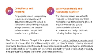 For projects subject to regulatory
requirements, having a well-
documented blueprint can aid in
compliance and auditing processes.
It helps demonstrate that the
software meets the specified
standards and guidelines.
09
Compliance and
Auditing
The blueprint serves as a valuable
resource for onboarding new team
members or updating existing ones. It
allows developers to quickly
understand the software's
architecture and design decisions,
reducing the learning curve.
10
Easier Onboarding and
Knowledge Transfer
The Custom Software Blueprint is a pivotal step in custom software development
services. It ensures that the software aligns with the client's needs, reducing risks and
improving development efficiency. By carefully mapping out the software's architecture
and functionalities, developers can work more productively and create a higher-quality
final product that meets the client's unique requirements.
 